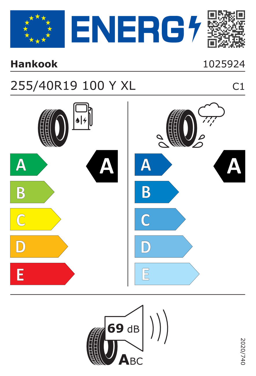 Etiqueta energetica oficial del neumatico HANKOOK 255/40R19 K127 * XL 100Y TL
