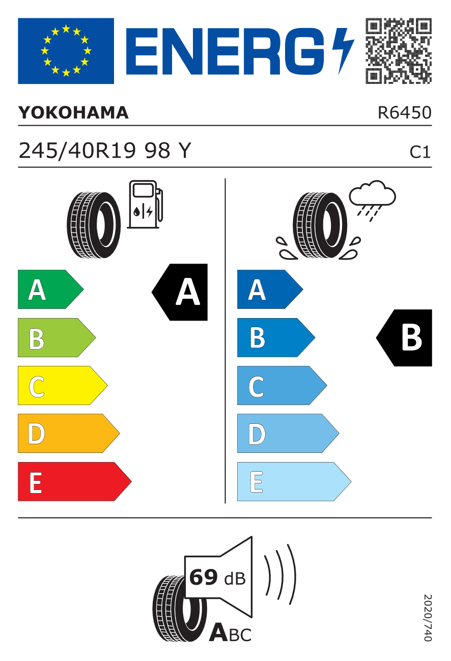 Etiqueta energetica oficial del neumatico YOKOHAMA 245/40R19 ADVAN SPORT V107 * XL 98Y TL