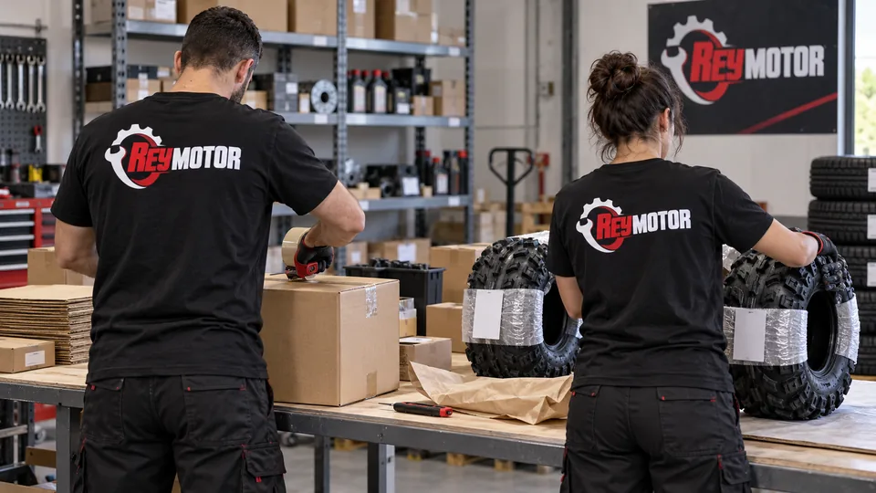Escena generada de dos personas con camisetas Reymotor preparando cajas y neumáticos.