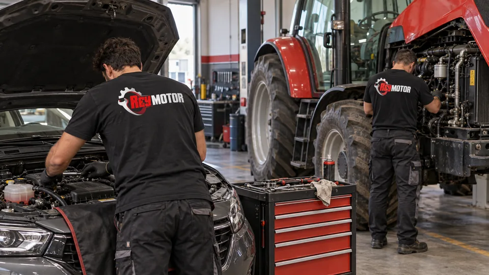 Escena generada de dos mecánicos con camisetas Reymotor trabajando en un coche y un tractor.